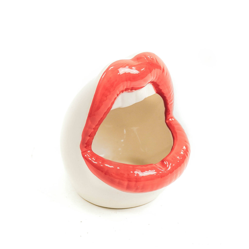 Keramiktopf mit rotem und weißem Lippenmotiv, 11x10x12 cm